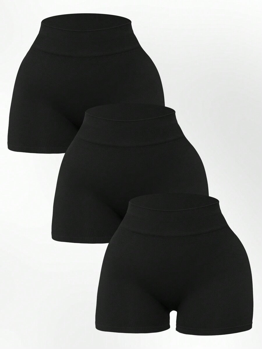 3 PCS  Women's Solid Color High-Waisted Everyday Workout ShortsWomen Sweat Short, Gym Short, Biker Short