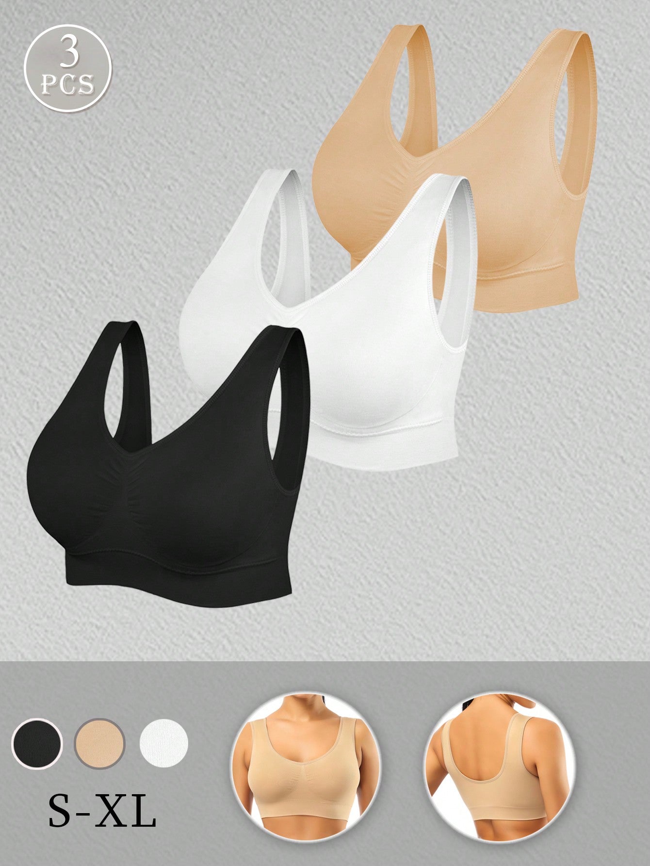 3PCS Solid Wireless Backless Sport Bra ,Breathable & Comfortable,Seamless Bras