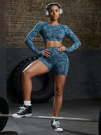 Women Casual Crew Neck Long Sleeve Top And Shorts Set, Sporty Workout Women Set