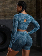 Women Casual Crew Neck Long Sleeve Top And Shorts Set, Sporty Workout Women Set
