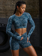 Women Casual Crew Neck Long Sleeve Top And Shorts Set, Sporty Workout Women Set