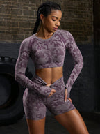 Women Casual Crew Neck Long Sleeve Top And Shorts Set, Sporty Workout Women Set