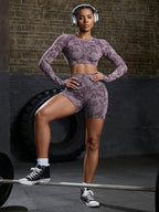 Women Casual Crew Neck Long Sleeve Top And Shorts Set, Sporty Workout Women Set