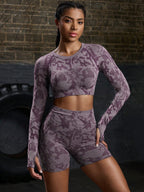 Women Casual Crew Neck Long Sleeve Top And Shorts Set, Sporty Workout Women Set