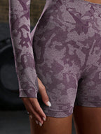 Women Casual Crew Neck Long Sleeve Top And Shorts Set, Sporty Workout Women Set