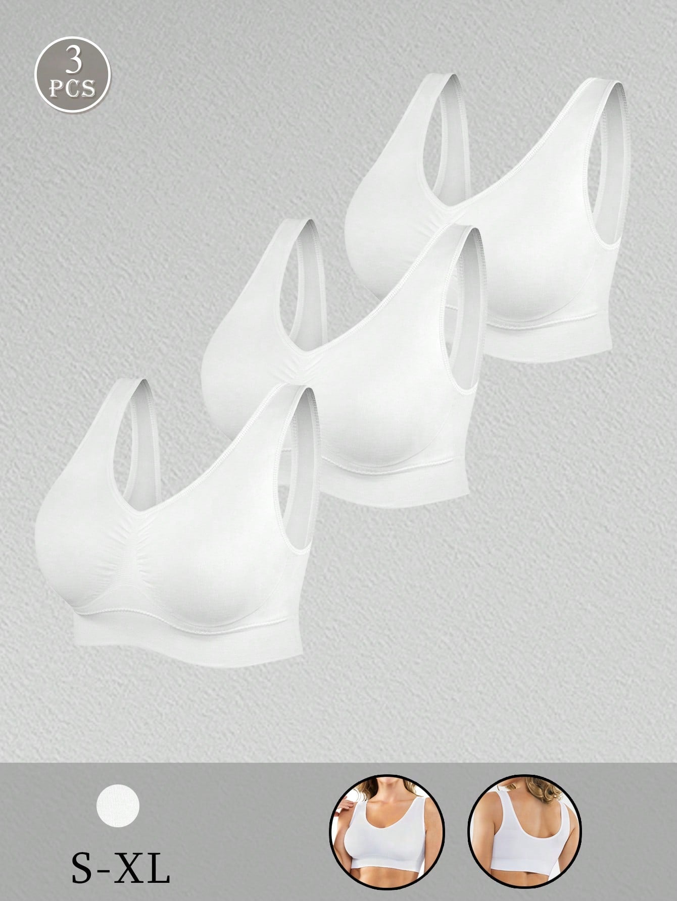 3PCS Solid Wireless Backless Sport Bra ,Breathable & Comfortable,Seamless Bras