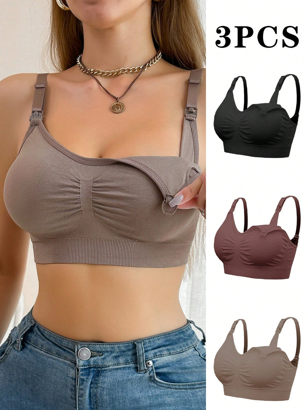 3pcs Maternity Simple Solid Comfort Nursing Bras