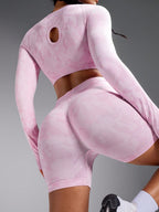 Women Casual Crew Neck Long Sleeve Top And Shorts Set, Sporty Workout Women Set
