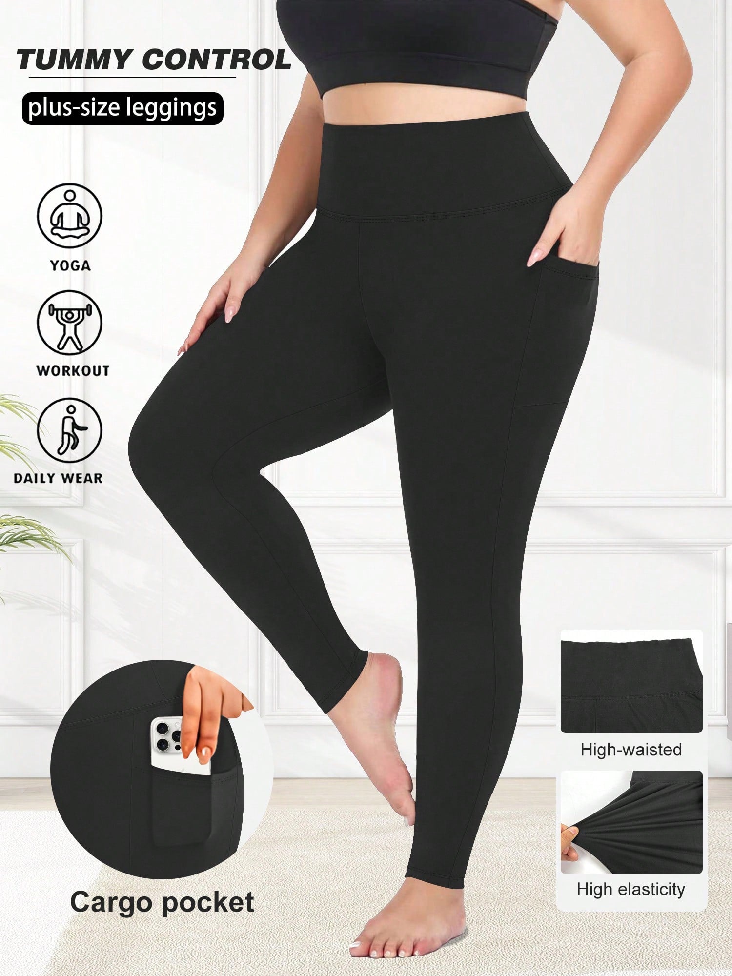 High Waisted Leggings With Pockets For Women, Plus Leggings For Women Buttery Soft Elastic Opaque Tummy Control Leggings, Plus Size Workout Gym Yoga