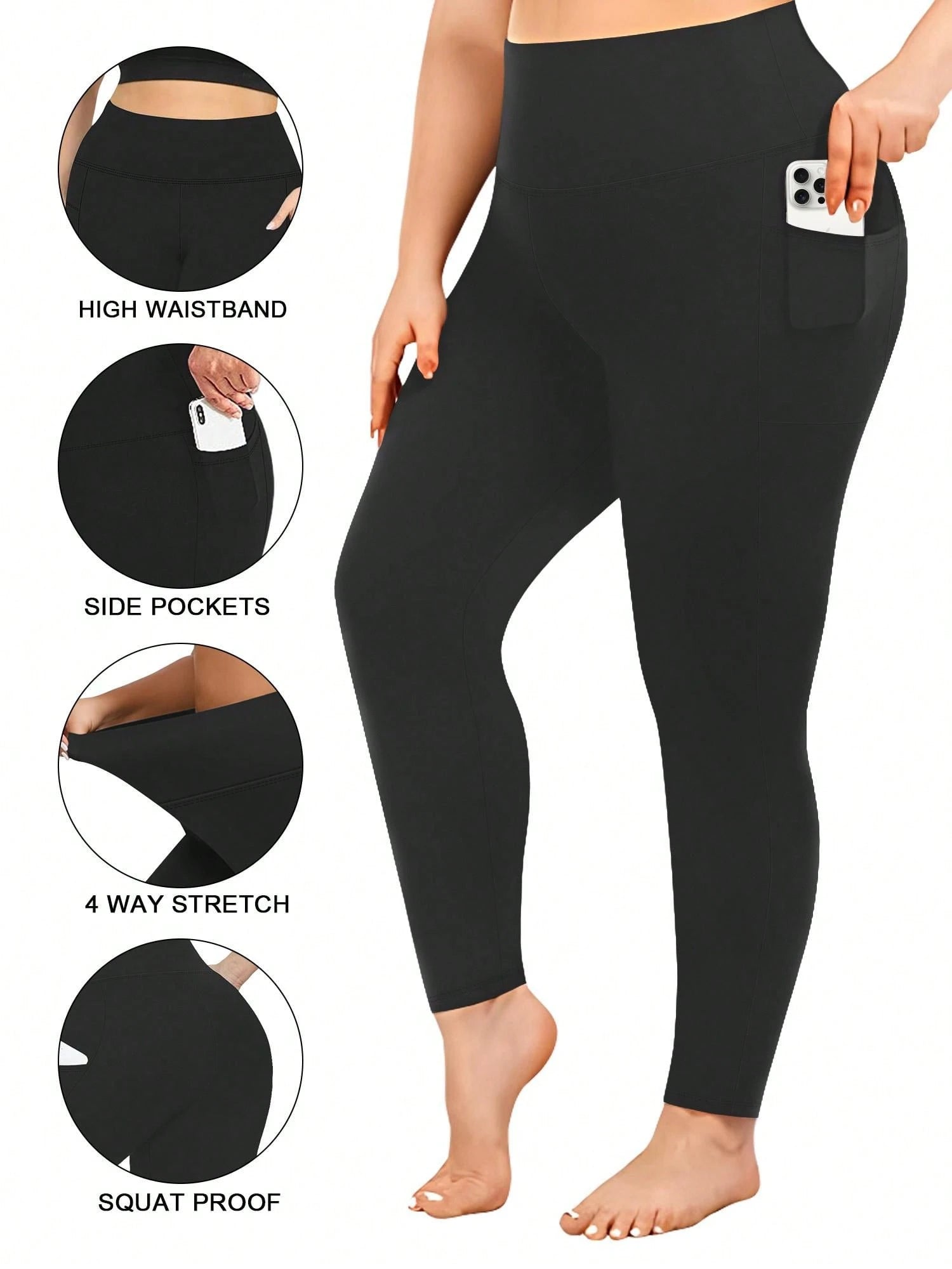 High Waisted Leggings With Pockets For Women, Plus Leggings For Women Buttery Soft Elastic Opaque Tummy Control Leggings, Plus Size Workout Gym Yoga