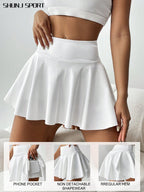 High Waist White Tennis Skirt Pants 2 In 1 Anti-Flashing Golf Badminton Fitness Skirt, Summer Sports Skirt With Pockets For Yoga, Outdoor Running Exercise, New Women Skirt Pants