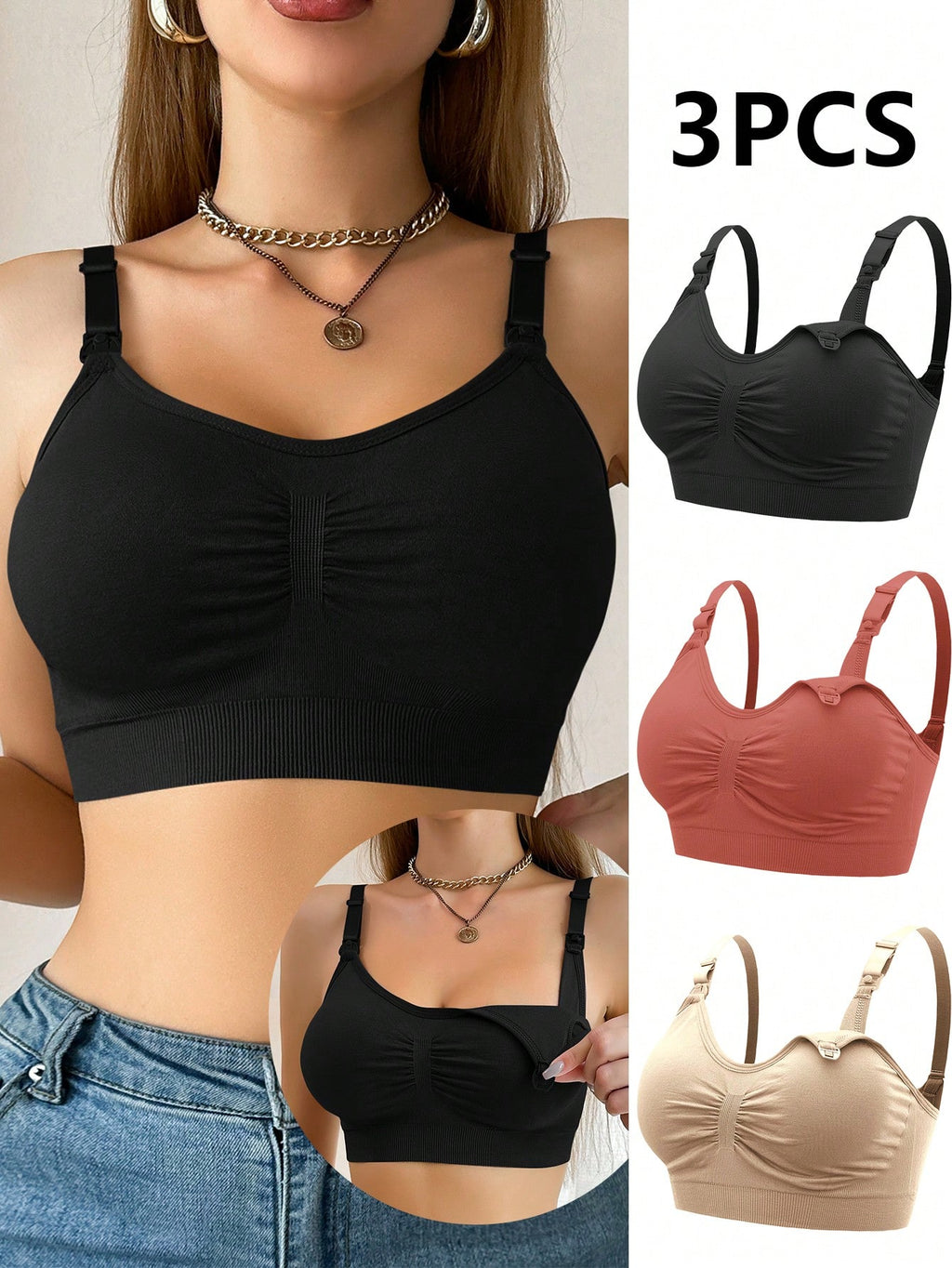 3pcs Maternity Simple Solid Comfort Nursing Bras