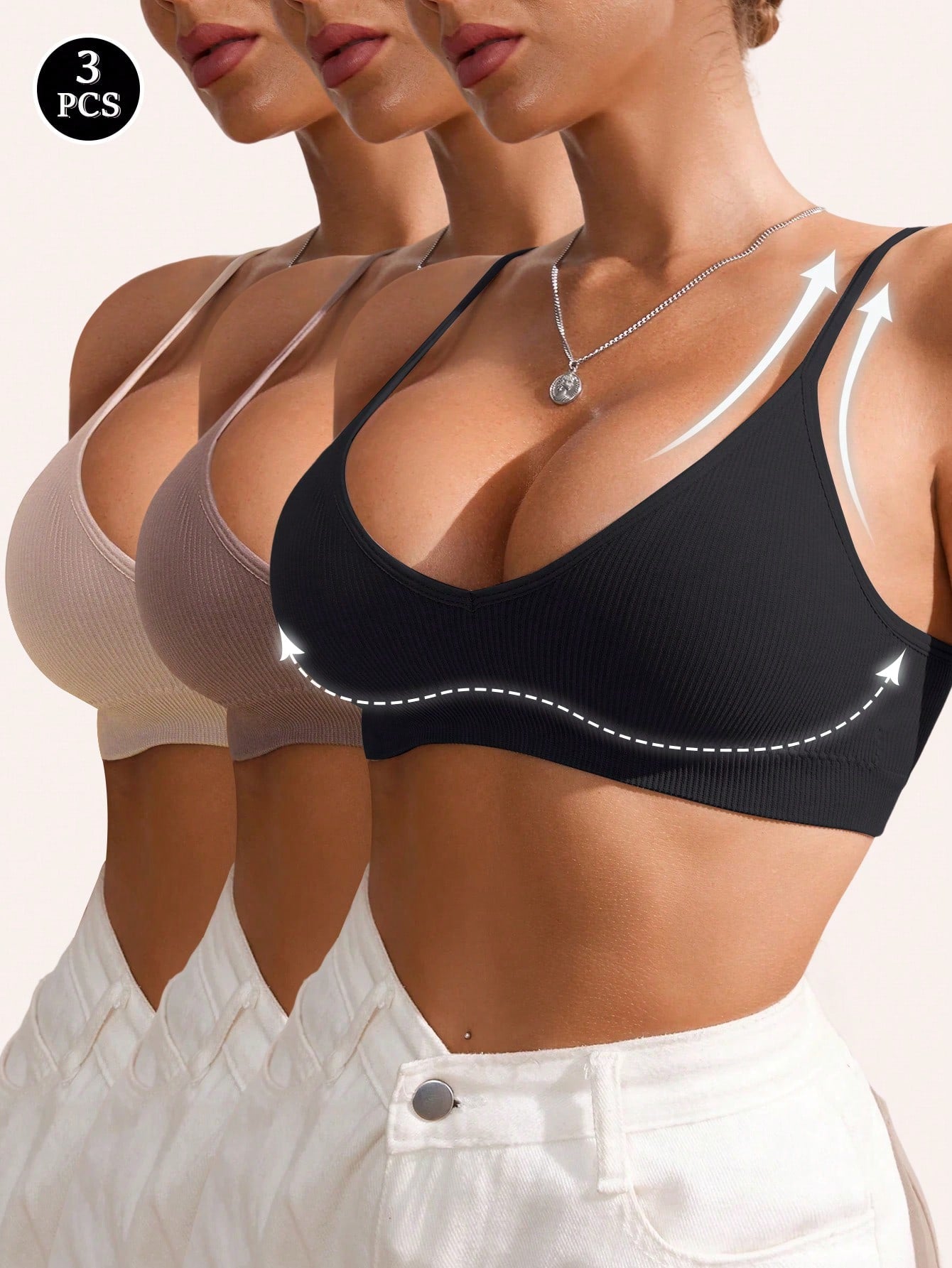 3pcs/Set Seamless Ribbed Wireless Casual Women Bras