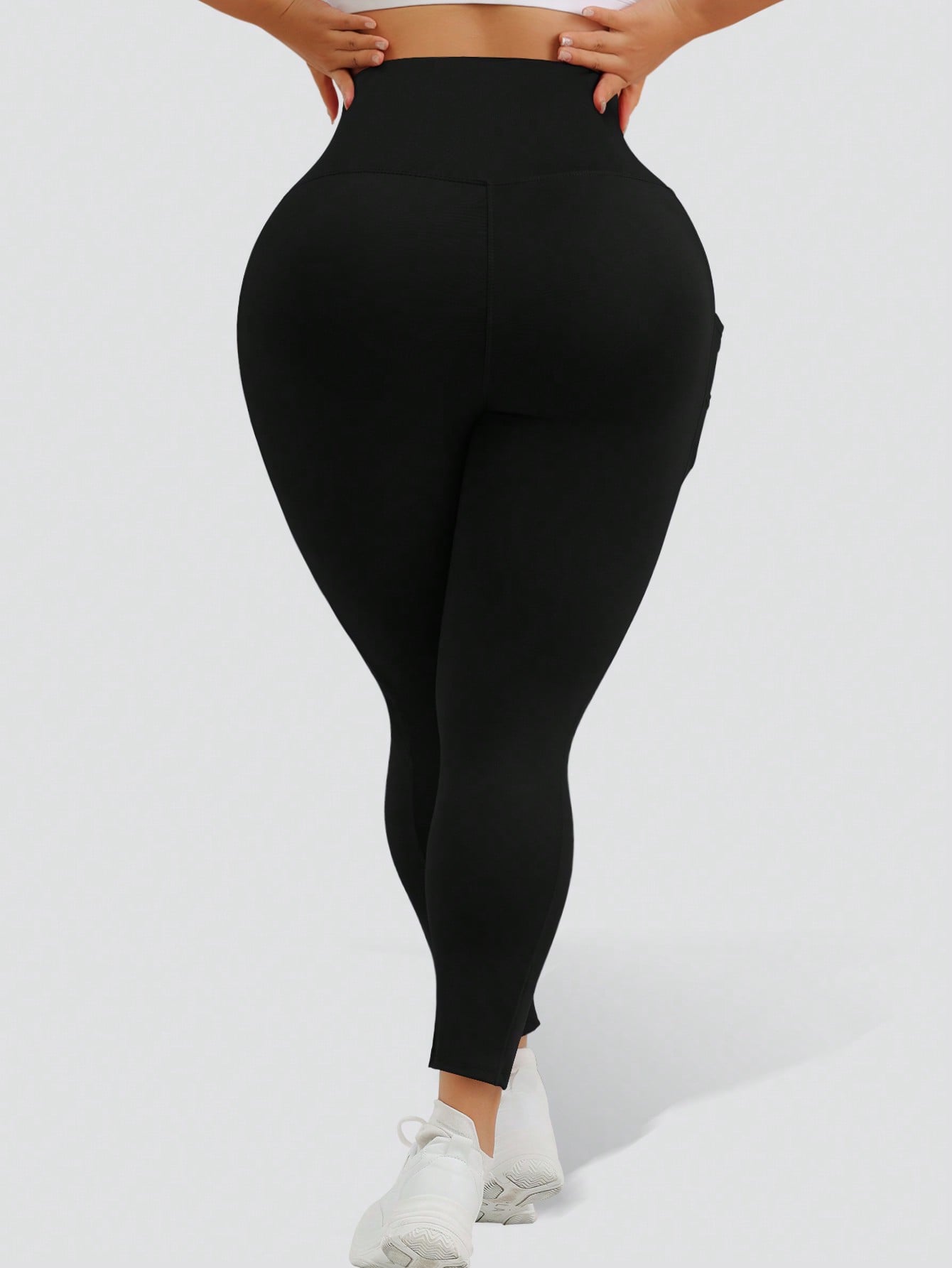 Plus Size Casual Sports Yoga Black Leggings With Four Side Pockets, No Awkward Design, And Double-Layered Tummy Control Waistband, Fold Over Leggings, Spring, Summer, Autumn, And Winter