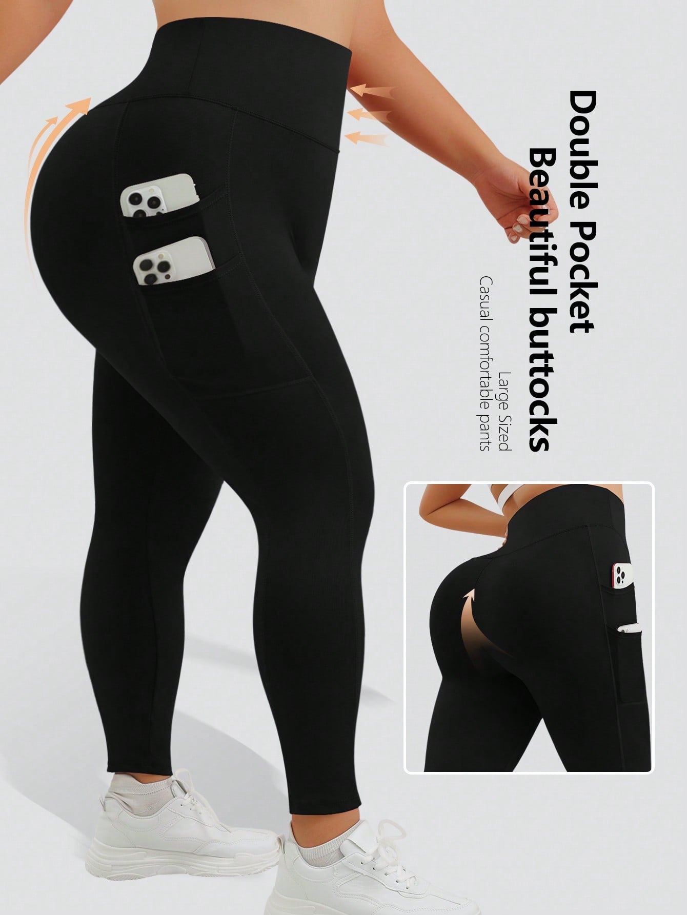 Plus Size Casual Sports Yoga Black Leggings With Four Side Pockets, No Awkward Design, And Double-Layered Tummy Control Waistband, Fold Over Leggings, Spring, Summer, Autumn, And Winter