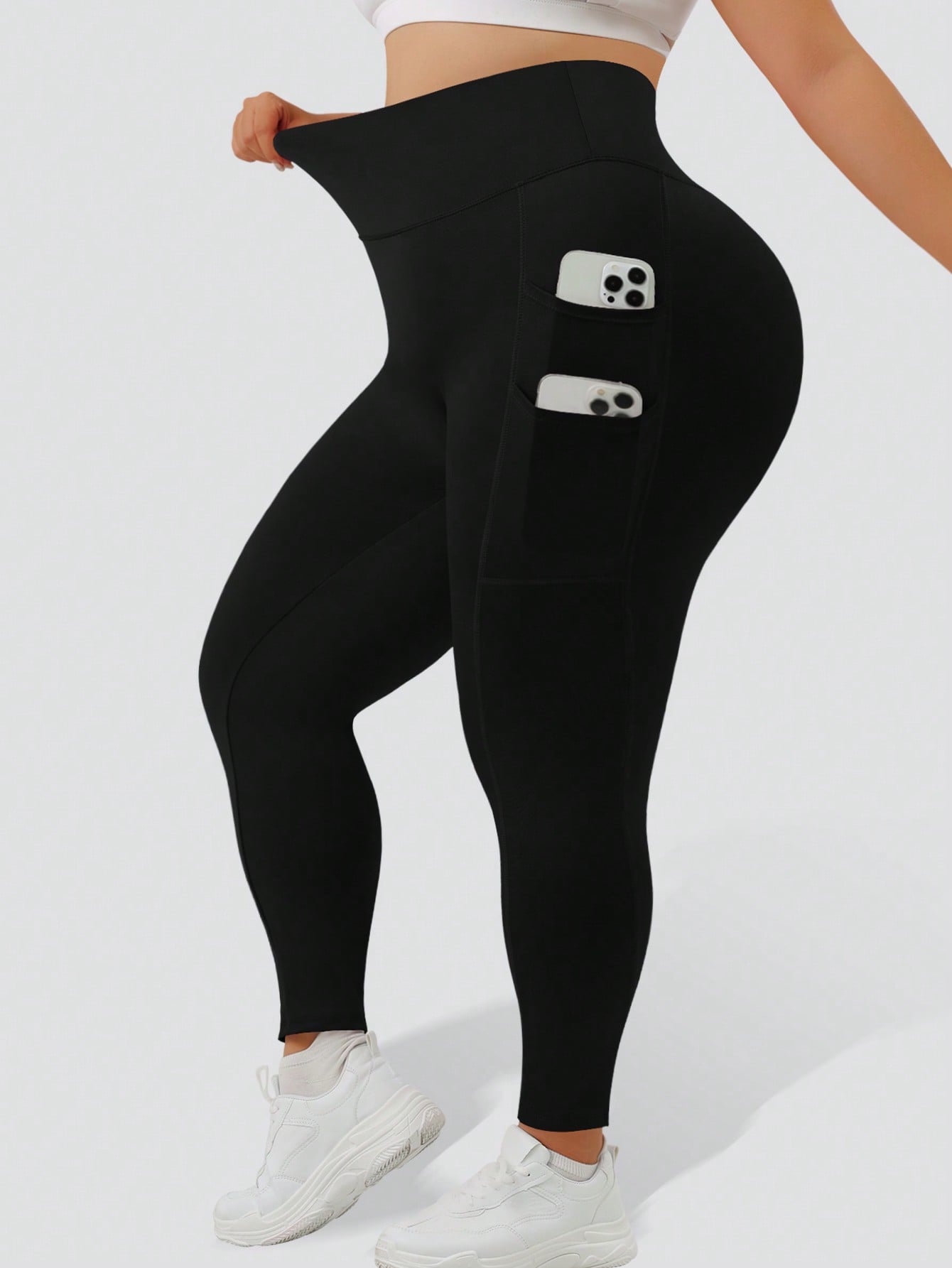 Plus Size Casual Sports Yoga Black Leggings With Four Side Pockets, No Awkward Design, And Double-Layered Tummy Control Waistband, Fold Over Leggings, Spring, Summer, Autumn, And Winter