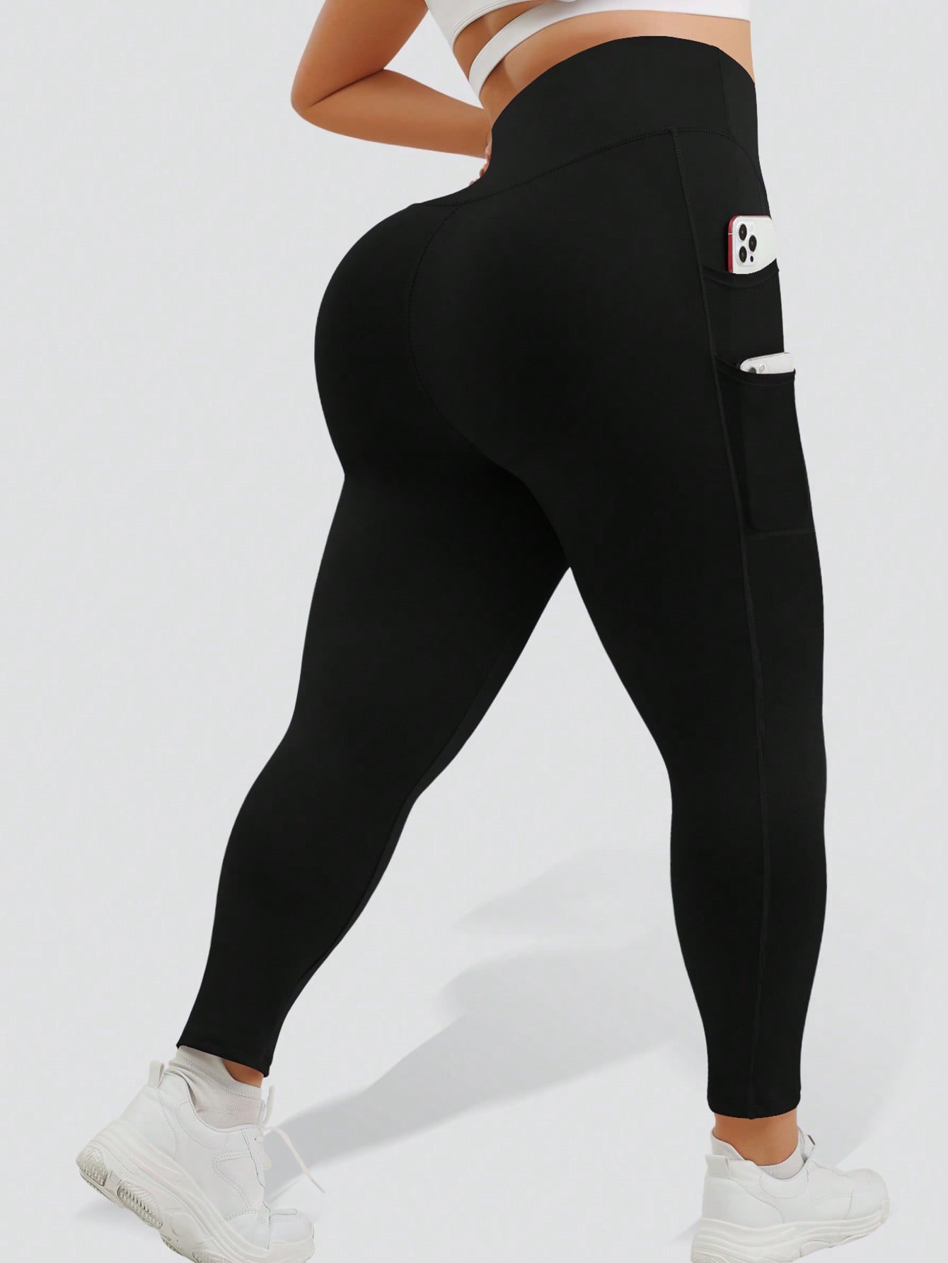 Plus Size Casual Sports Yoga Black Leggings With Four Side Pockets, No Awkward Design, And Double-Layered Tummy Control Waistband, Fold Over Leggings, Spring, Summer, Autumn, And Winter