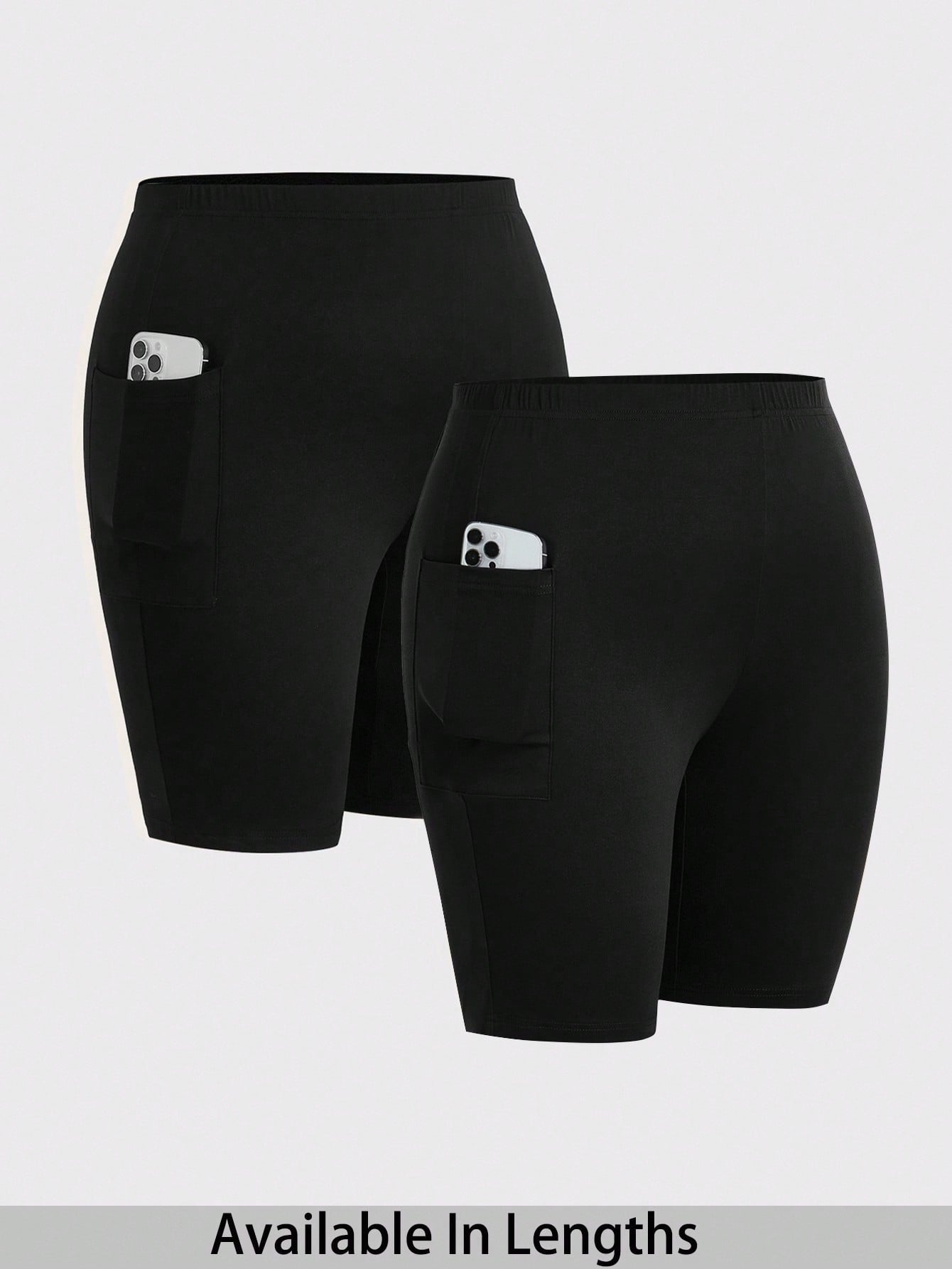 2 Pcs/Set Versatile Plus Size Black Letter Pattern Biker Shorts With Handy Side Pockets Women Bike Shorts With Pockets Black Bike Shorts Women High Waisted Bike Shorts Women Biker Shorts Bike Shorts