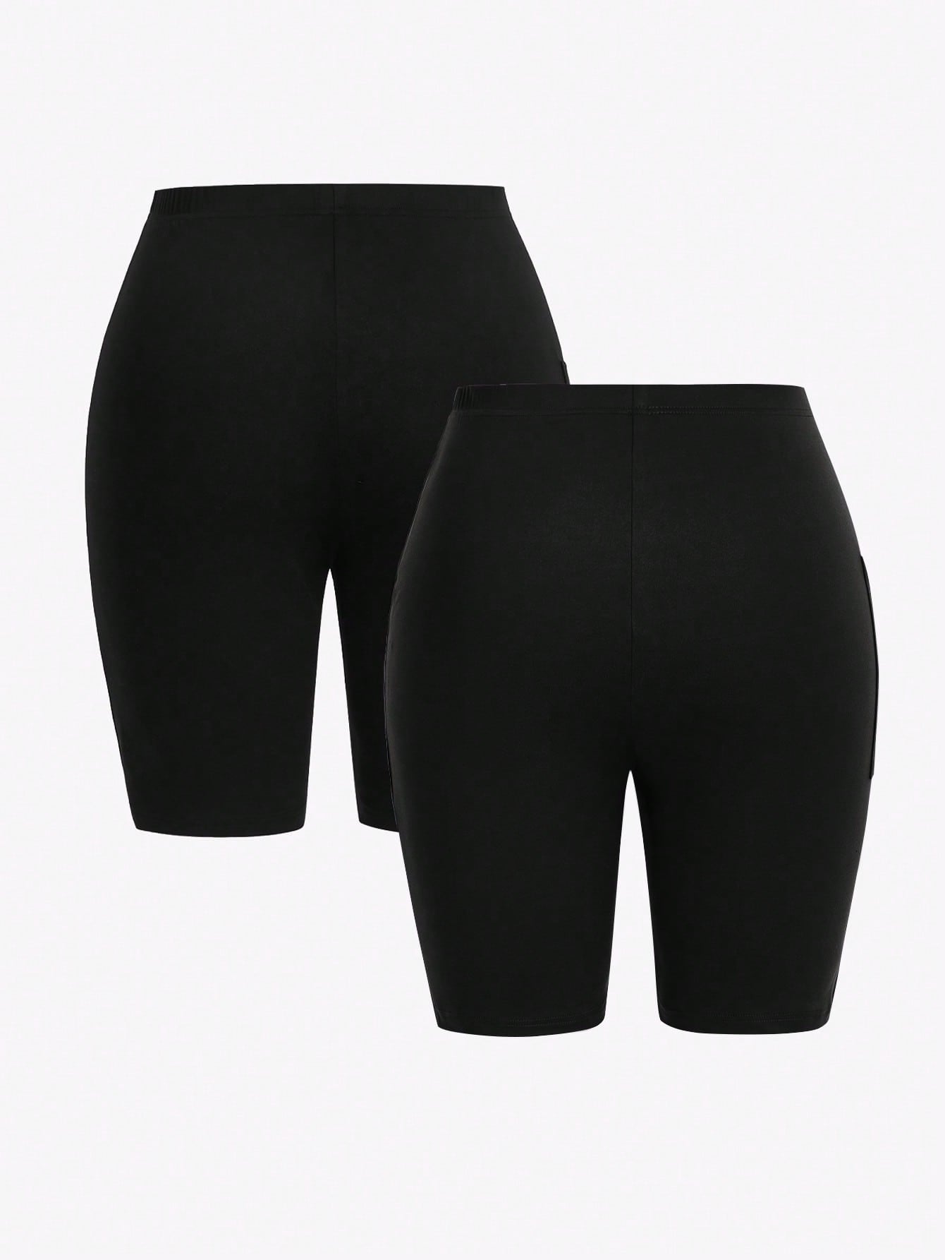2 Pcs/Set Versatile Plus Size Black Letter Pattern Biker Shorts With Handy Side Pockets Women Bike Shorts With Pockets Black Bike Shorts Women High Waisted Bike Shorts Women Biker Shorts Bike Shorts