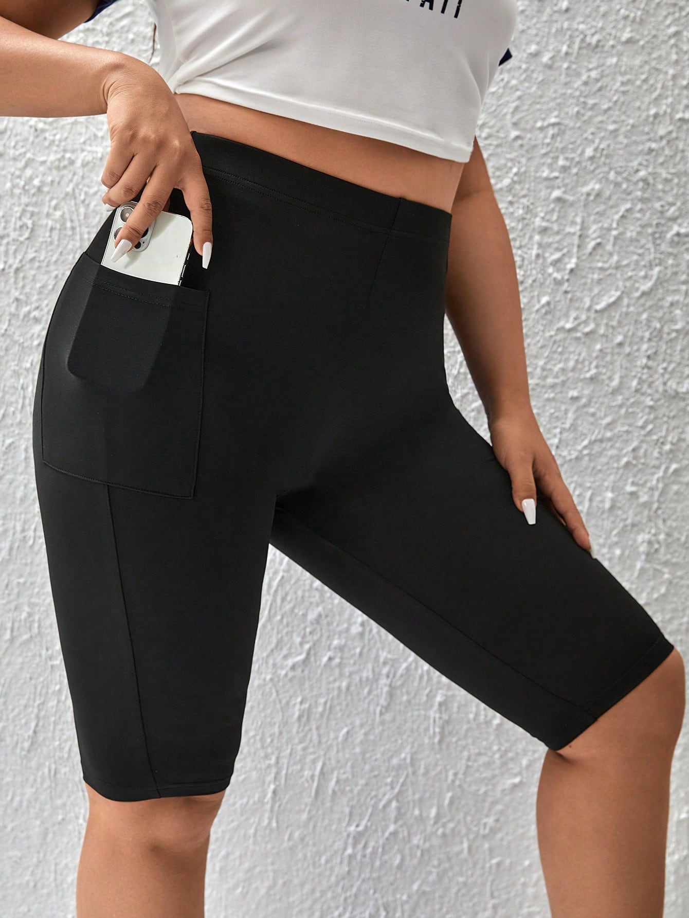 2 Pcs/Set Versatile Plus Size Black Letter Pattern Biker Shorts With Handy Side Pockets Women Bike Shorts With Pockets Black Bike Shorts Women High Waisted Bike Shorts Women Biker Shorts Bike Shorts