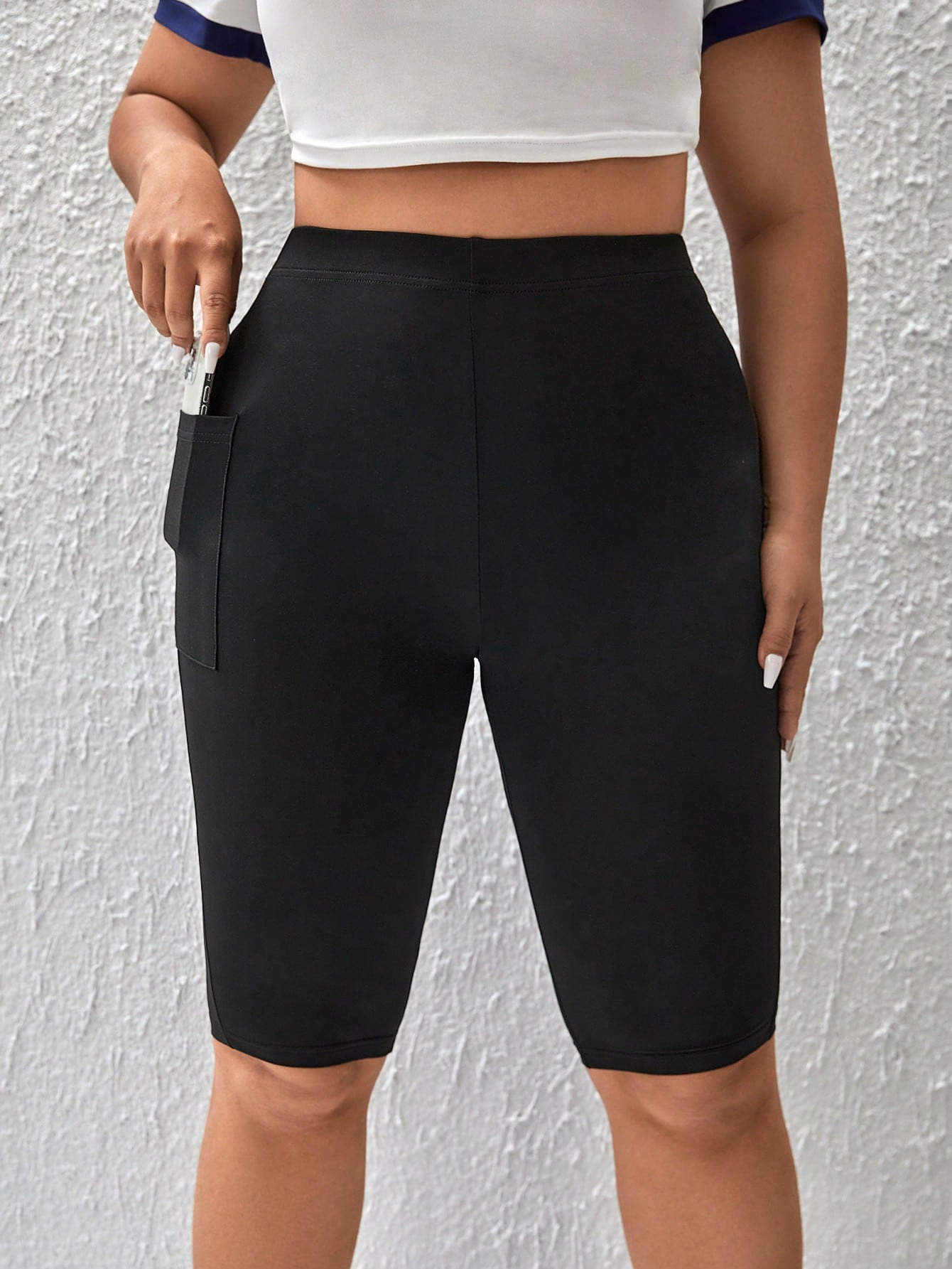 2 Pcs/Set Versatile Plus Size Black Letter Pattern Biker Shorts With Handy Side Pockets Women Bike Shorts With Pockets Black Bike Shorts Women High Waisted Bike Shorts Women Biker Shorts Bike Shorts