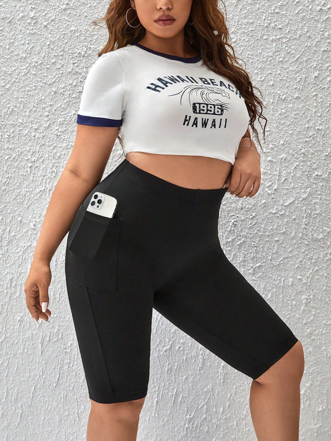 2 Pcs/Set Versatile Plus Size Black Letter Pattern Biker Shorts With Handy Side Pockets Women Bike Shorts With Pockets Black Bike Shorts Women High Waisted Bike Shorts Women Biker Shorts Bike Shorts