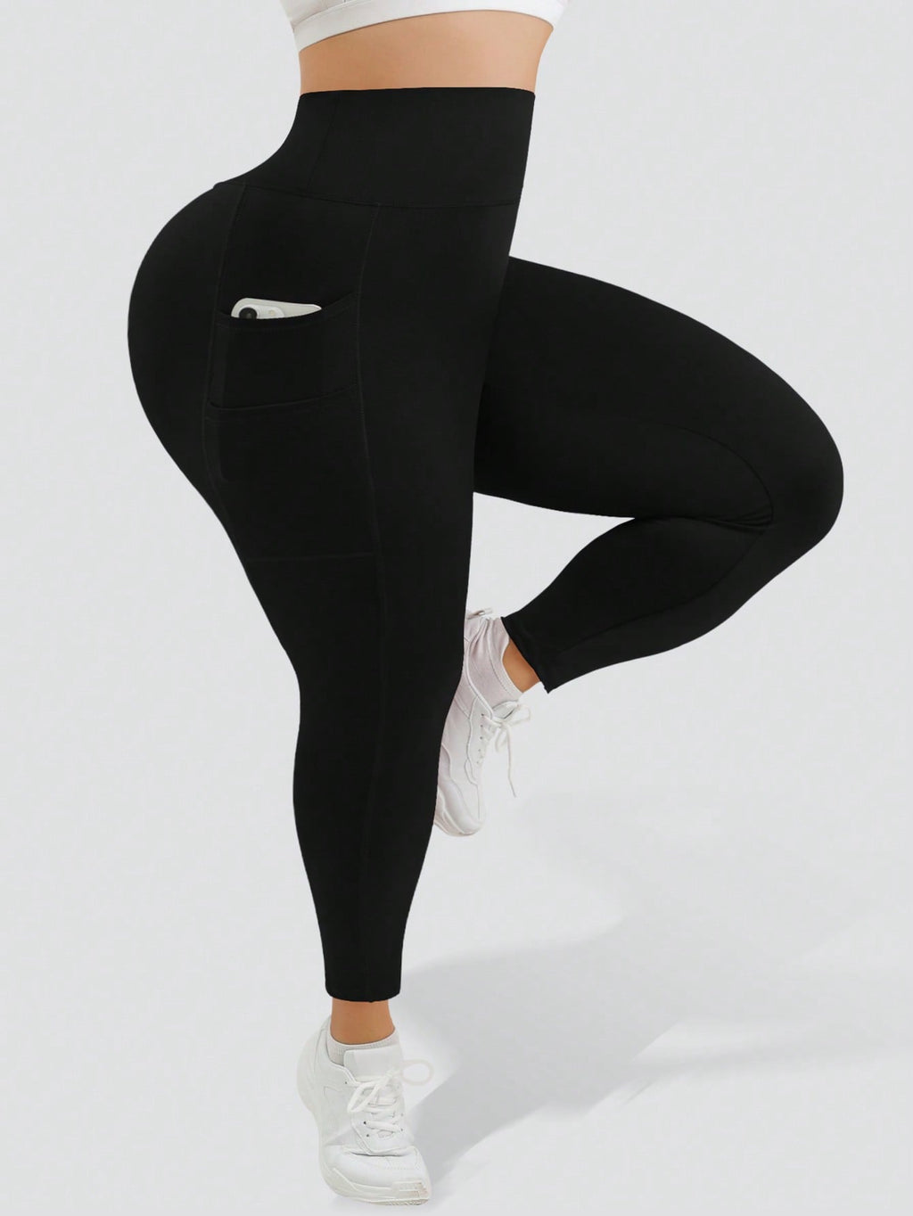 Plus Size Casual Sports Yoga Black Leggings With Four Side Pockets, No Awkward Design, And Double-Layered Tummy Control Waistband, Fold Over Leggings, Spring, Summer, Autumn, And Winter