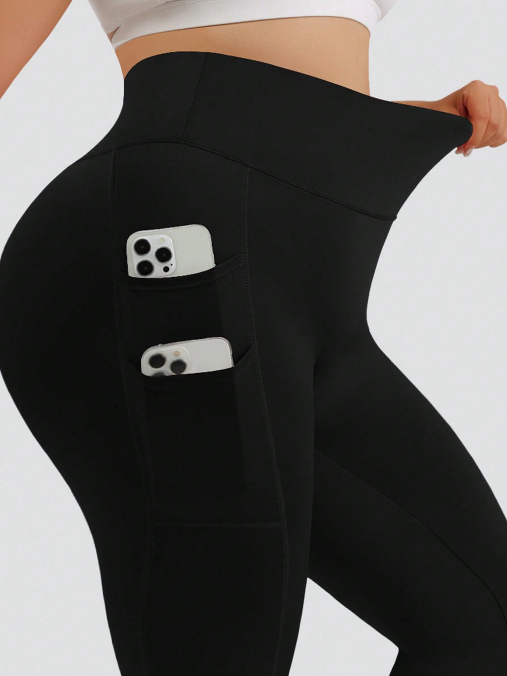 Plus Size Casual Sports Yoga Black Leggings With Four Side Pockets, No Awkward Design, And Double-Layered Tummy Control Waistband, Fold Over Leggings, Spring, Summer, Autumn, And Winter