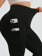 Plus Size Casual Sports Yoga Black Leggings With Four Side Pockets, No Awkward Design, And Double-Layered Tummy Control Waistband, Fold Over Leggings, Spring, Summer, Autumn, And Winter