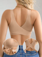 1pc Women Seamless No Padding Elegant Breathable Comfortable Crisscross Back Bandeau Bra Front Closure Brapush Up Sports Bra